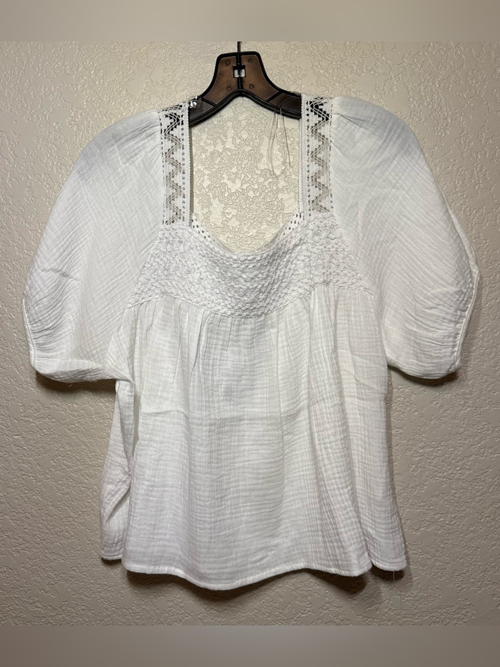 HYFVE White Crochet Yoke Puff Sleeve Top